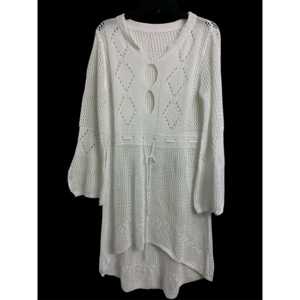 White‎ Crochet Open Knit Cover Up Dress Bell Sleeve High Low Tunic Drawstring